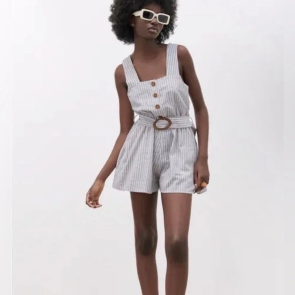 Zara Linen Blend Blue and White Striped Romper Jumpsuit